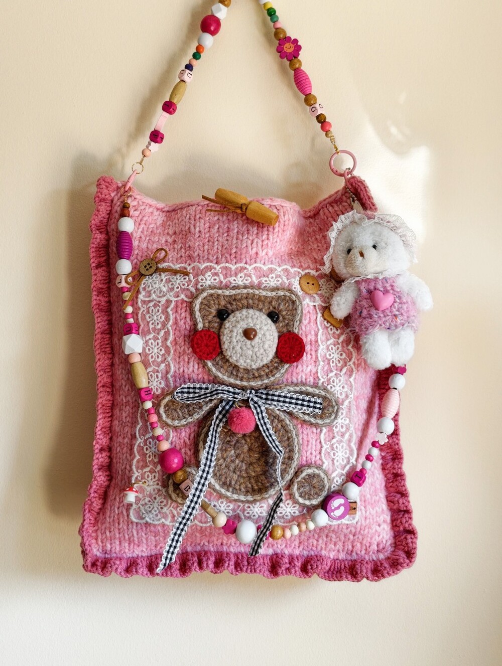 Handmade Knit Tote Bag, Teddy Appliqué Crossbody Purse, Boho Shoulder Bag